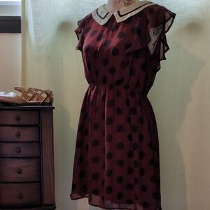 Polka Dot Burgundy Dress With Peter Pan Collar